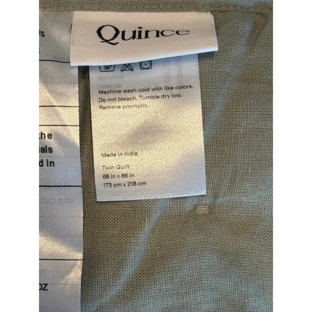 Quince European Linen Dream Quilt Twin Willowleaf Green Hand Stitched NWOT